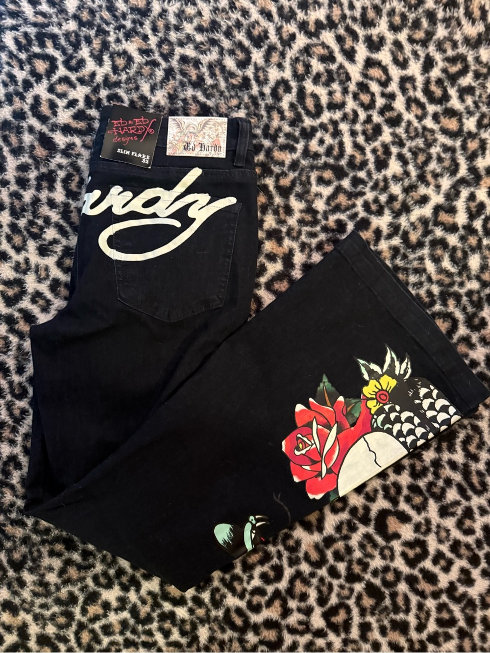 Ed Hardy Black Flare Jeans with Red Rose and Yellow Accents